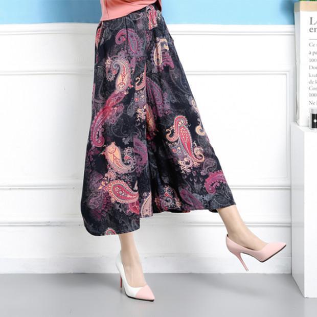 Lässige Blumendruck-Hose mit weitem Bein und elastischer Taille